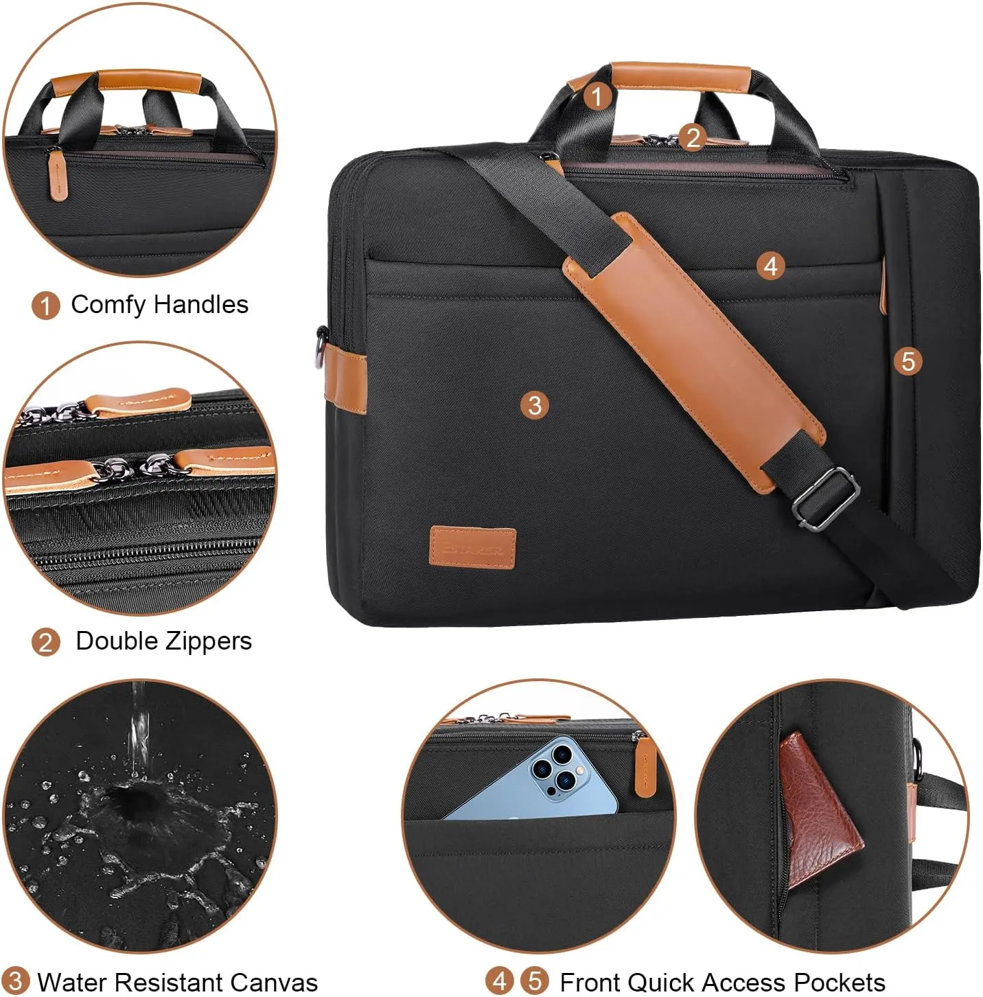 ESTARER 3 In 1 Laptop Bag for Men, 17-17.3 Inch Laptop Backpack Computer Satchel Bag for Work/Travel/Business, Convertible Briefcase Water resistant Nylon Messenger Backpack (Black)