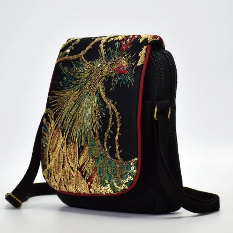 Ethnic Style Peacock Embroidered Canvas Shoulder Crossbody Bag Small Handbag For Women