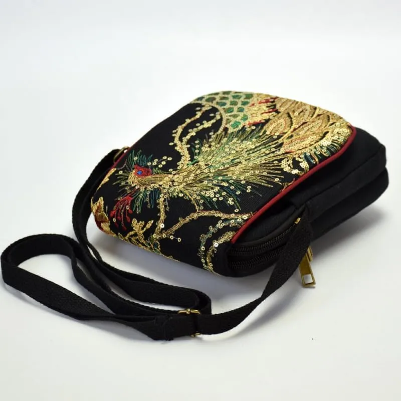 Ethnic Style Peacock Embroidered Canvas Shoulder Crossbody Bag Small Handbag For Women