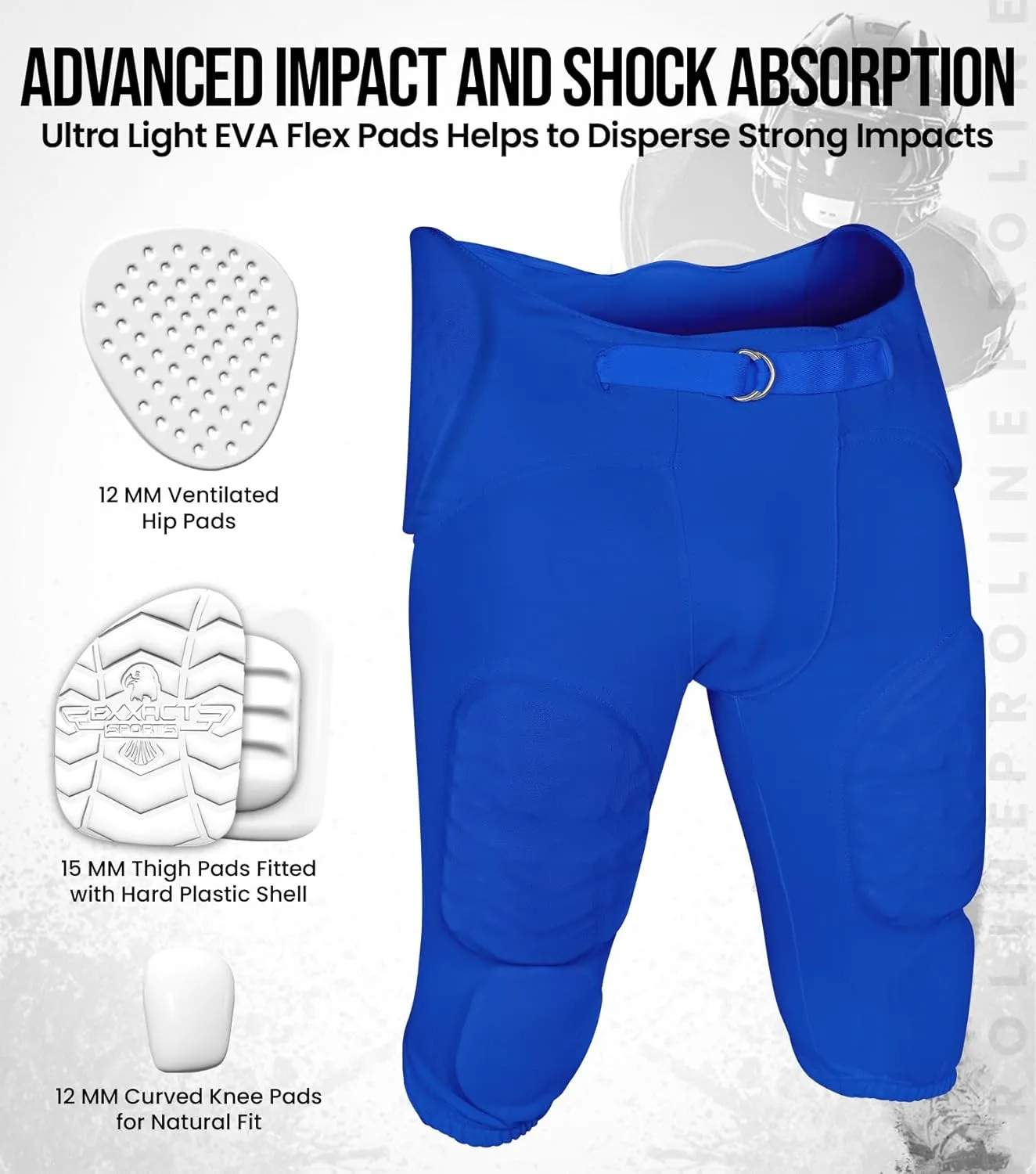 Exxact Sports Proline Men's Integrated Football Pants with 7 Flex Pads, Lightweight Football Practice Pants for Protection