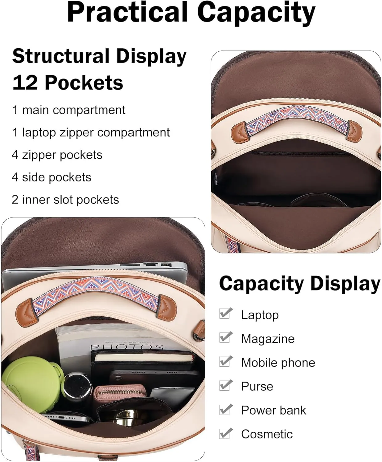 FADEON 15.6 inch Leather Laptop Backpack Purse for Women, Designer Travel PU Backpack with Laptop Compartment for Work Beige