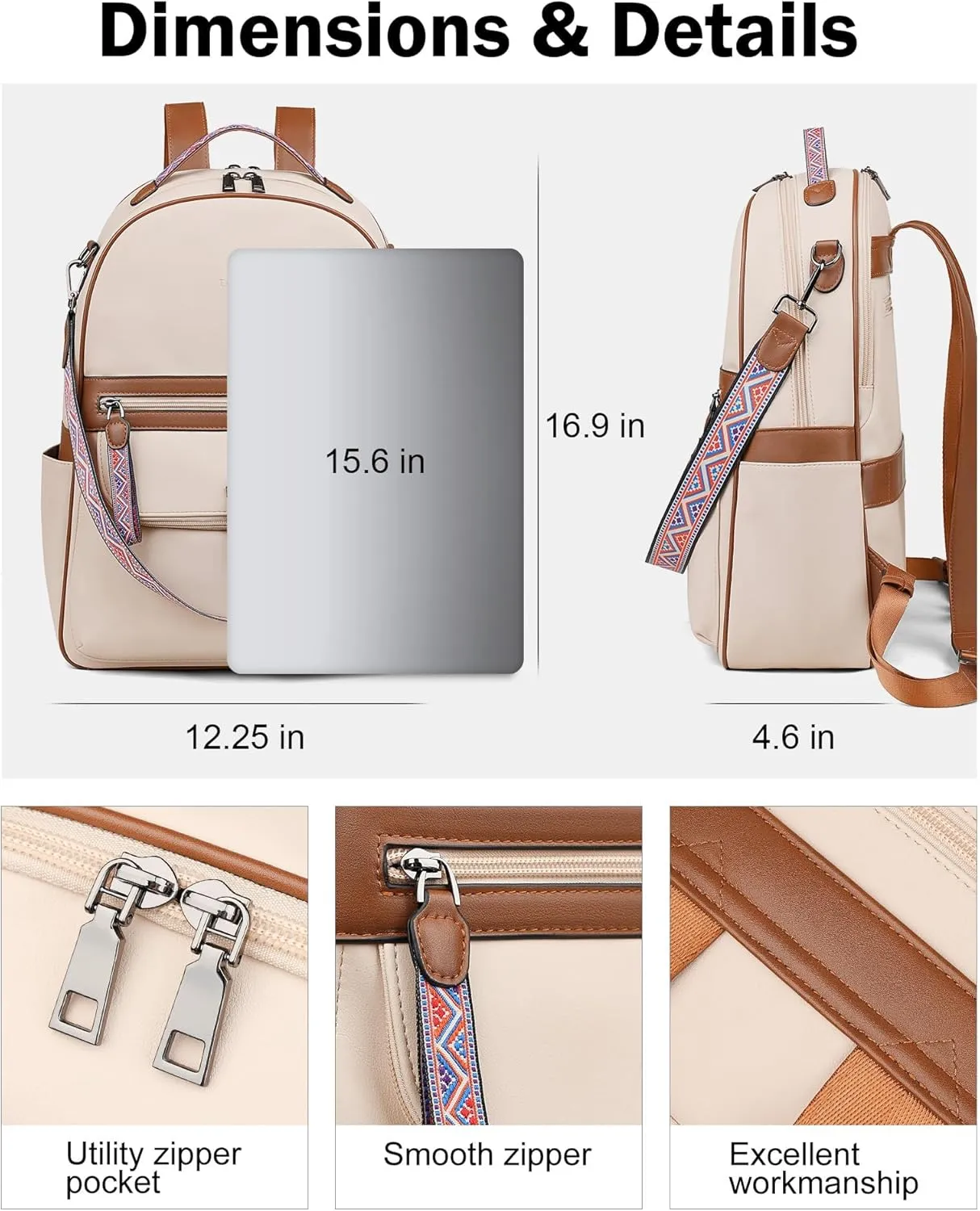 FADEON 15.6 inch Leather Laptop Backpack Purse for Women, Designer Travel PU Backpack with Laptop Compartment for Work Beige
