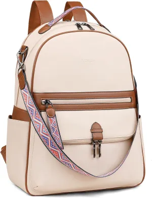 FADEON 15.6 inch Leather Laptop Backpack Purse for Women, Designer Travel PU Backpack with Laptop Compartment for Work Beige