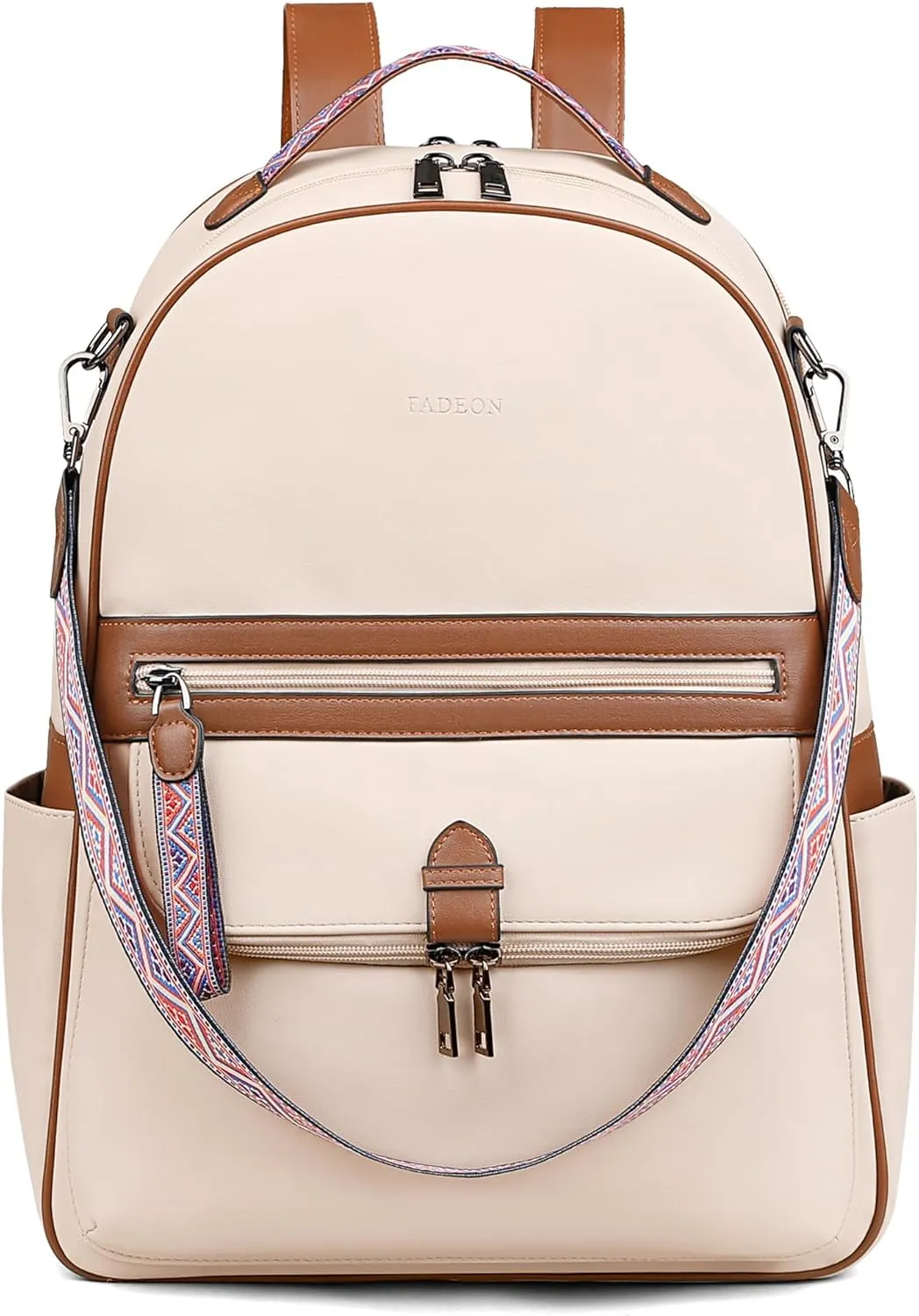FADEON 15.6 inch Leather Laptop Backpack Purse for Women, Designer Travel PU Backpack with Laptop Compartment for Work Beige
