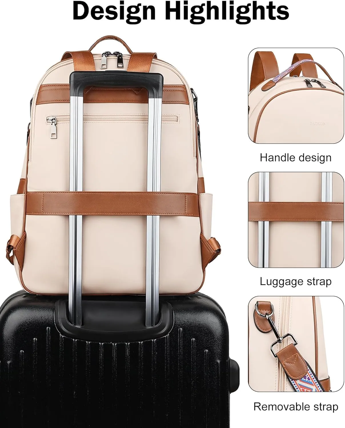 FADEON 15.6 inch Leather Laptop Backpack Purse for Women, Designer Travel PU Backpack with Laptop Compartment for Work Beige