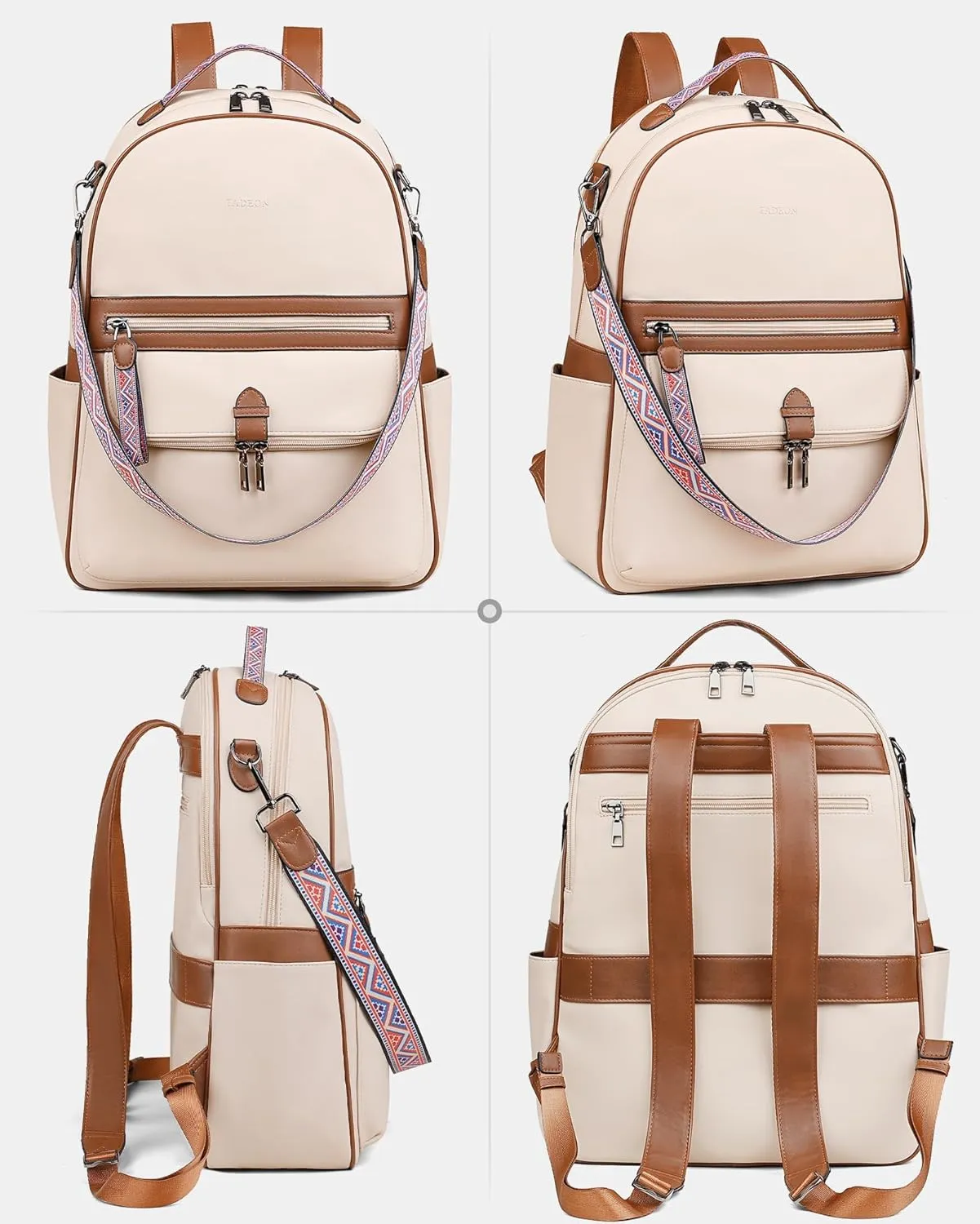 FADEON 15.6 inch Leather Laptop Backpack Purse for Women, Designer Travel PU Backpack with Laptop Compartment for Work Beige