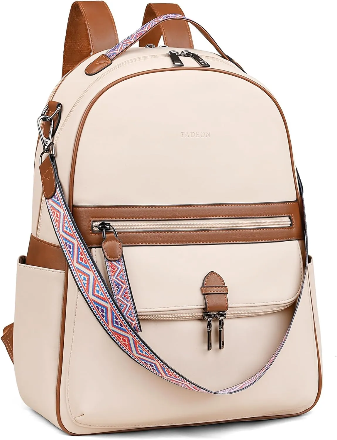 FADEON 15.6 inch Leather Laptop Backpack Purse for Women, Designer Travel PU Backpack with Laptop Compartment for Work Beige