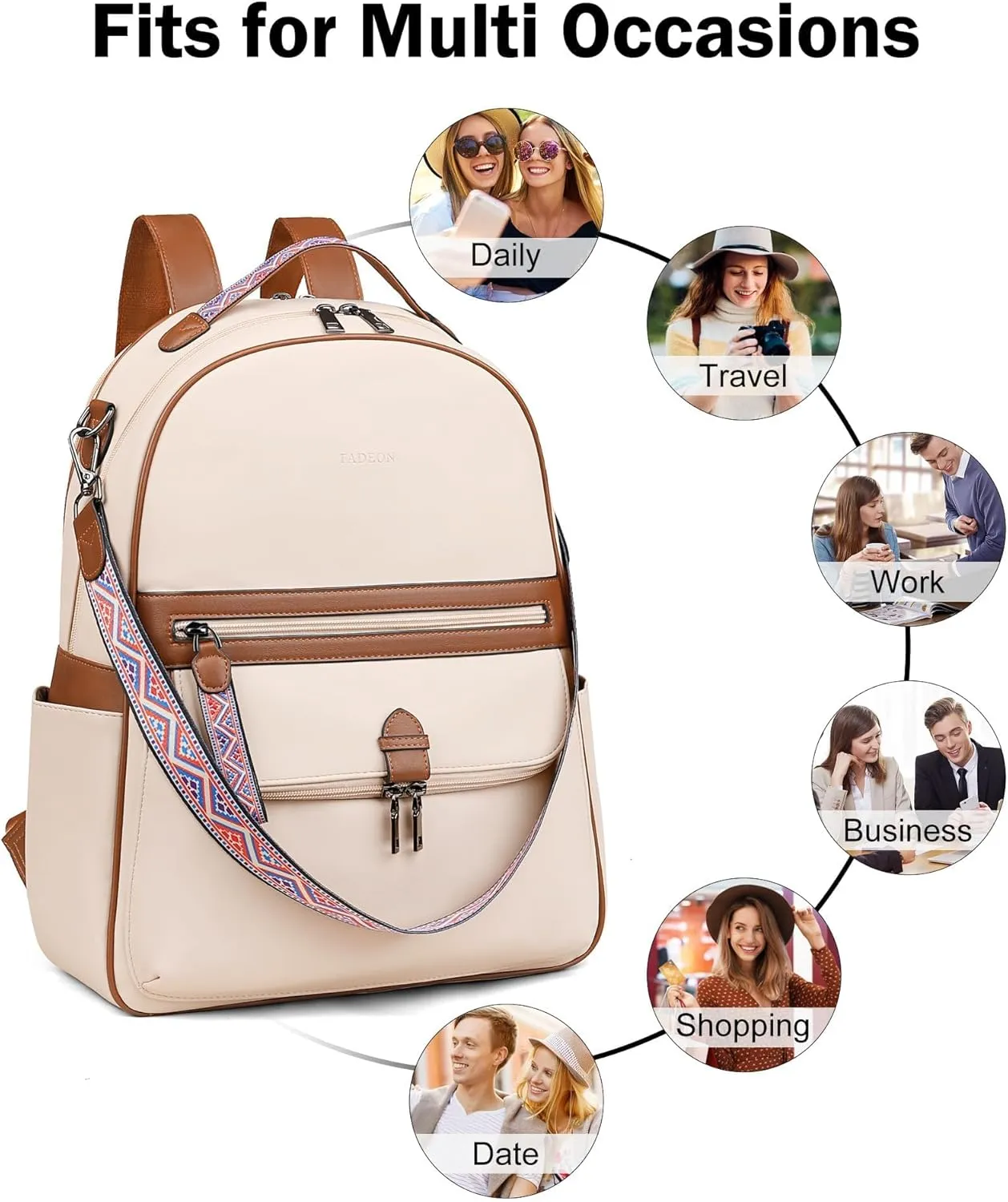 FADEON 15.6 inch Leather Laptop Backpack Purse for Women, Designer Travel PU Backpack with Laptop Compartment for Work Beige