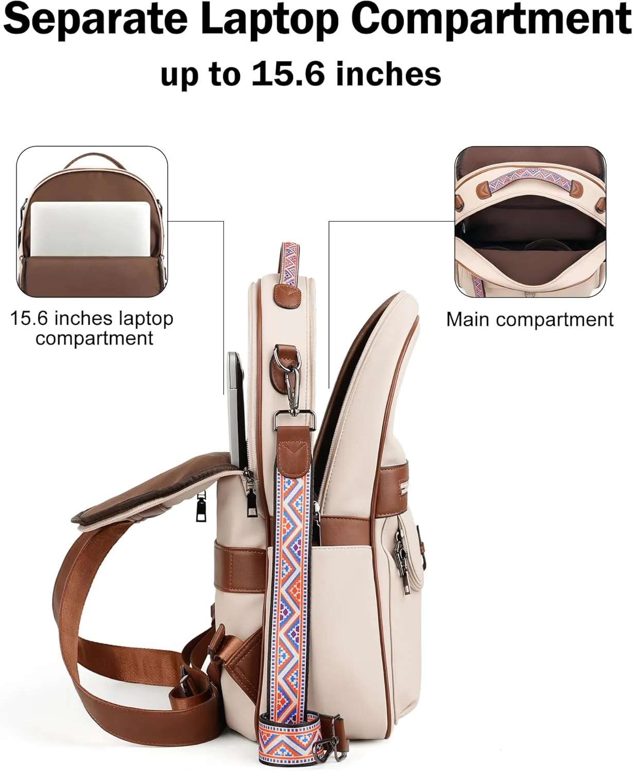 FADEON 15.6 inch Leather Laptop Backpack Purse for Women, Designer Travel PU Backpack with Laptop Compartment for Work Beige