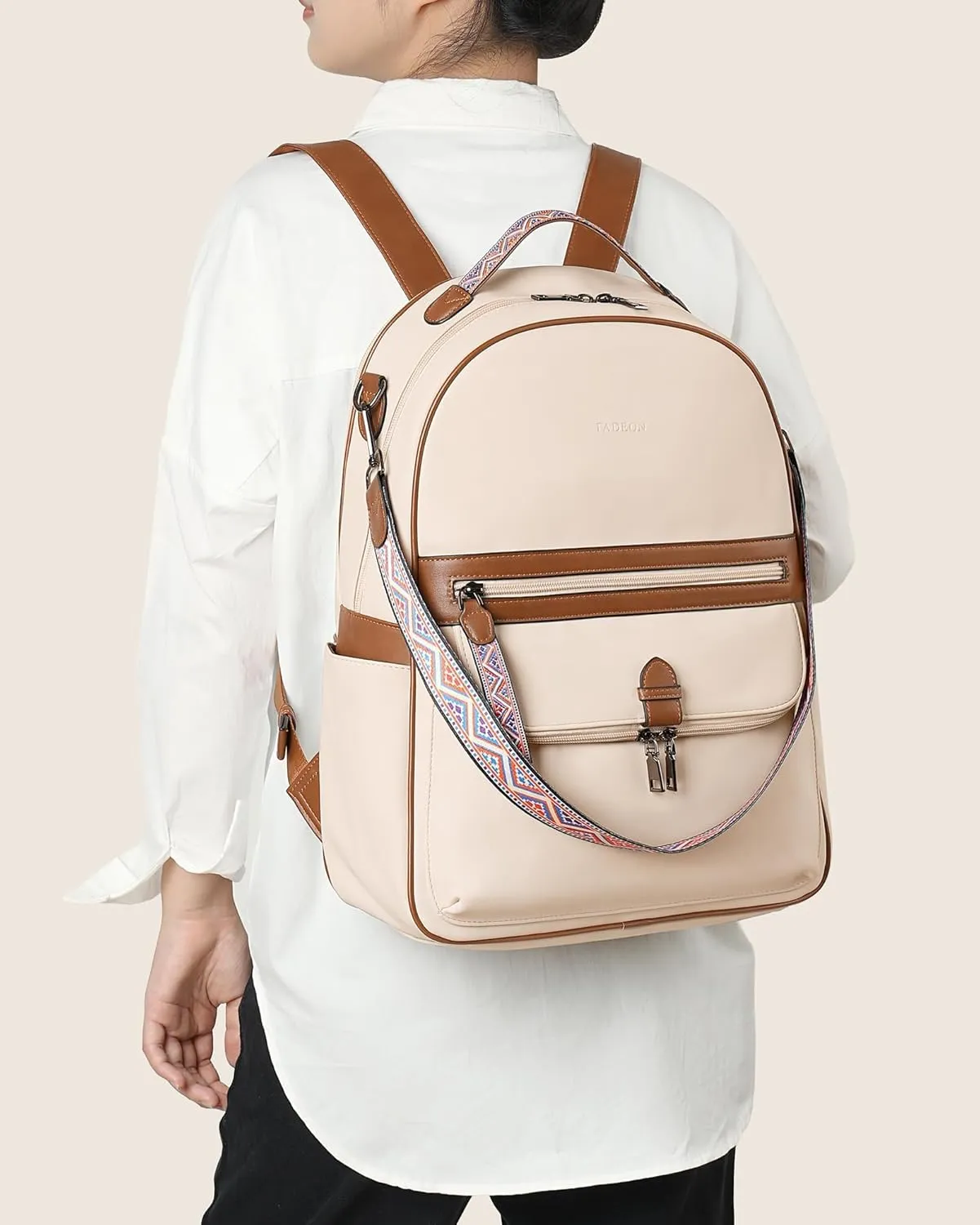 FADEON 15.6 inch Leather Laptop Backpack Purse for Women, Designer Travel PU Backpack with Laptop Compartment for Work Beige