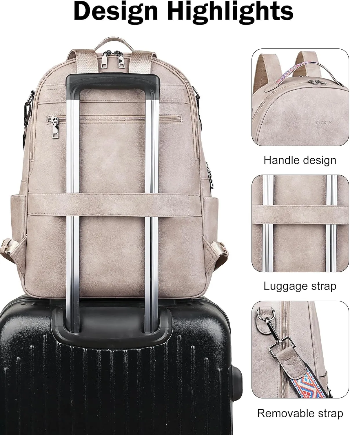 FADEON 15.6 inch Leather Laptop Backpack Purse for Women, Designer Travel PU Backpack with Laptop Compartment for Work Grey