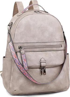 FADEON 15.6 inch Leather Laptop Backpack Purse for Women, Designer Travel PU Backpack with Laptop Compartment for Work Grey