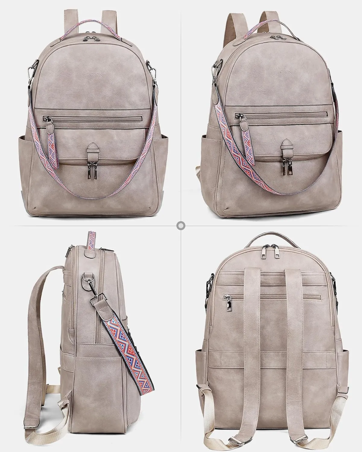 FADEON 15.6 inch Leather Laptop Backpack Purse for Women, Designer Travel PU Backpack with Laptop Compartment for Work Grey