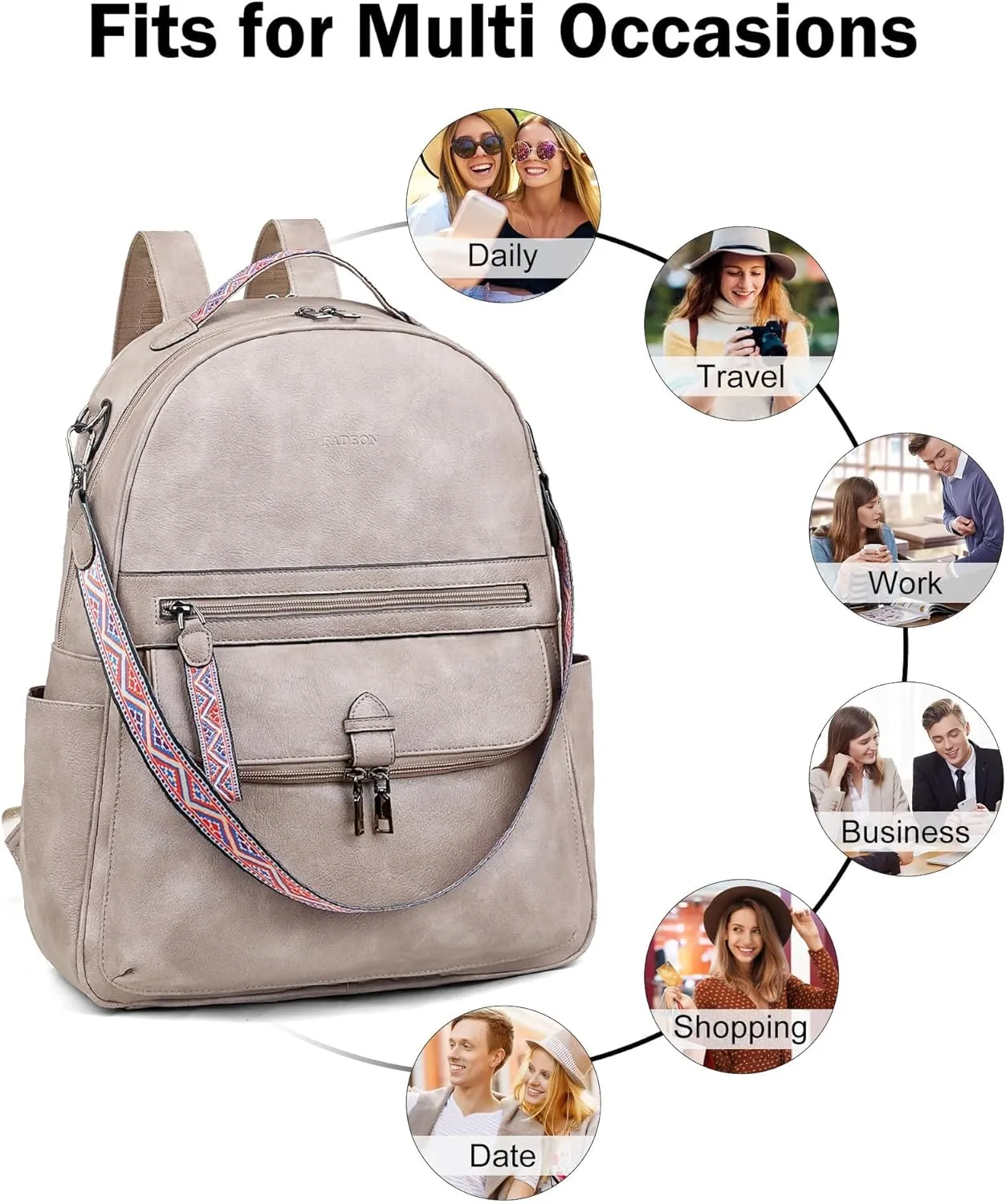FADEON 15.6 inch Leather Laptop Backpack Purse for Women, Designer Travel PU Backpack with Laptop Compartment for Work Grey