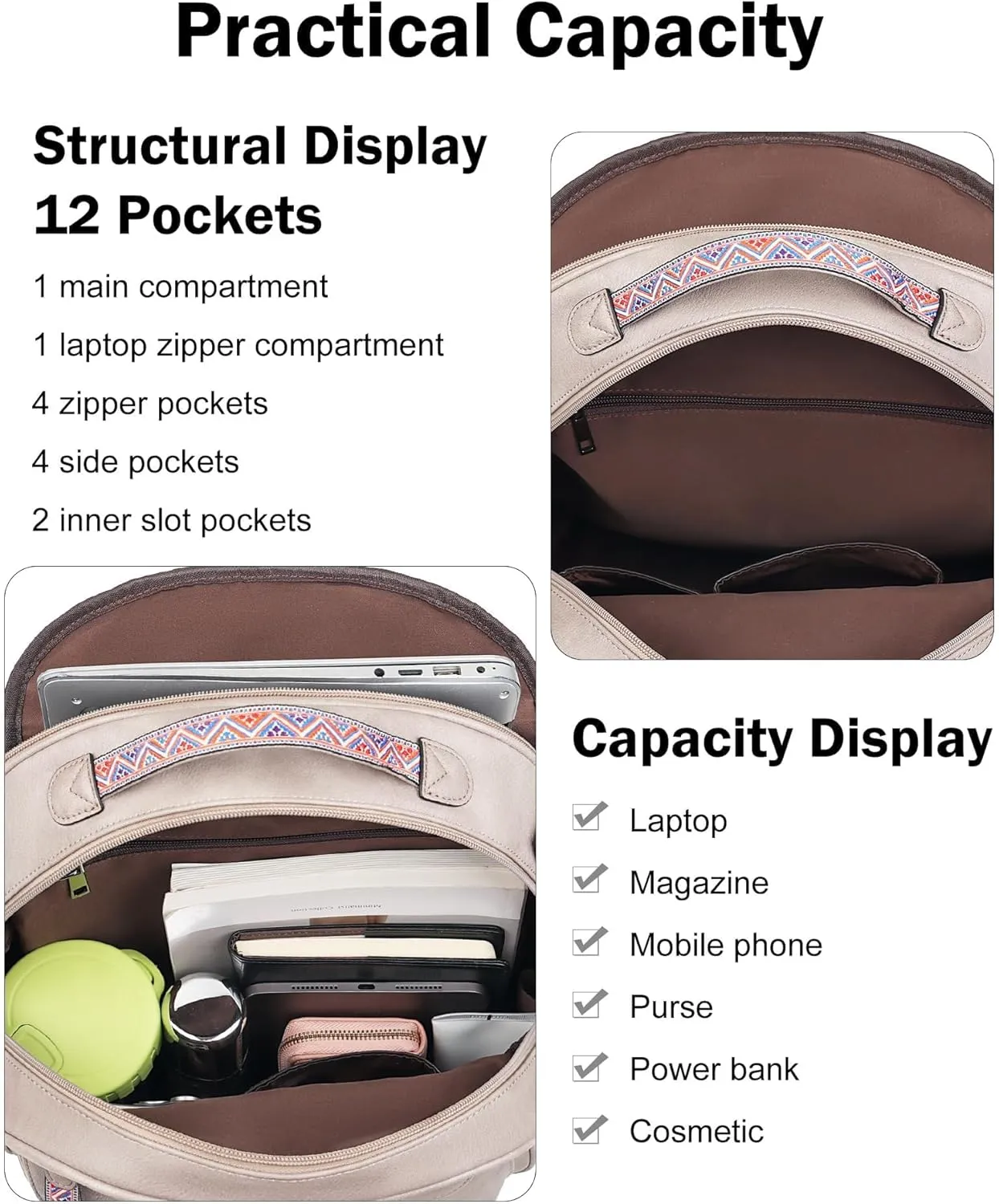 FADEON 15.6 inch Leather Laptop Backpack Purse for Women, Designer Travel PU Backpack with Laptop Compartment for Work Grey