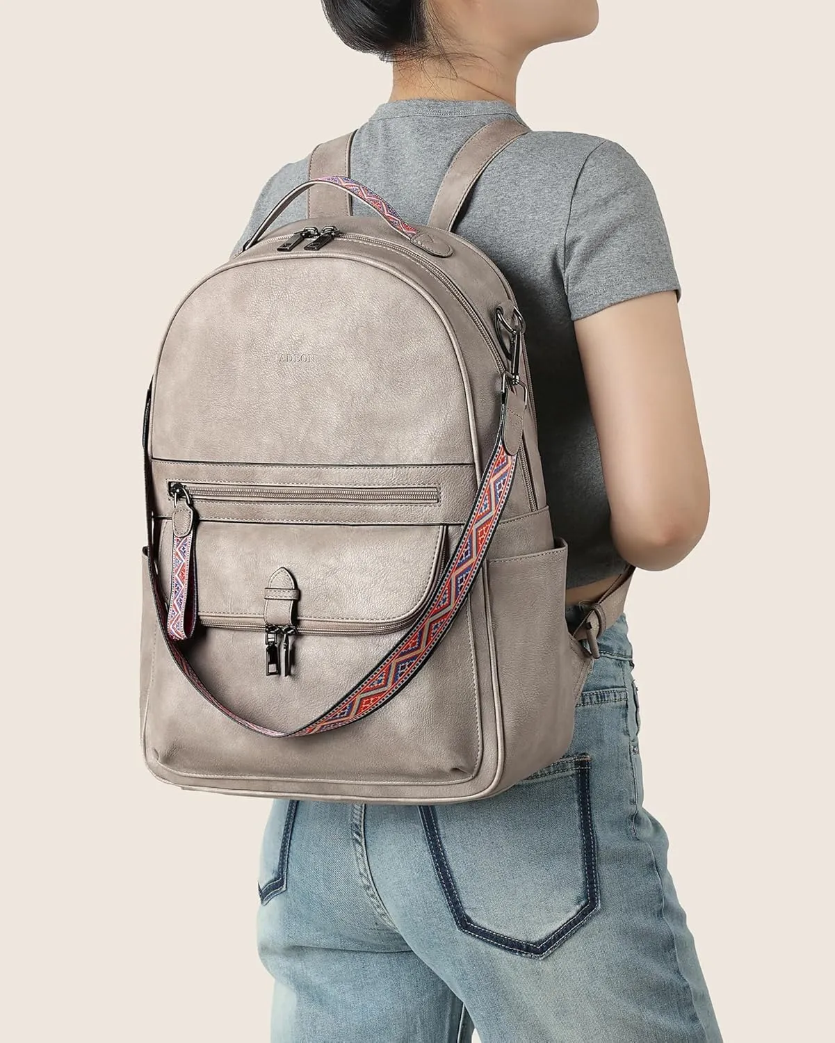 FADEON 15.6 inch Leather Laptop Backpack Purse for Women, Designer Travel PU Backpack with Laptop Compartment for Work Grey