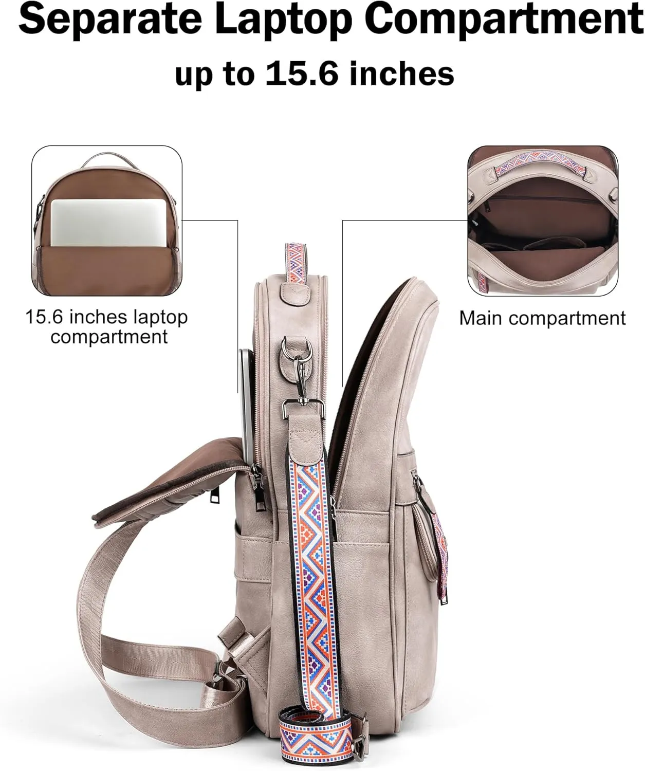 FADEON 15.6 inch Leather Laptop Backpack Purse for Women, Designer Travel PU Backpack with Laptop Compartment for Work Grey