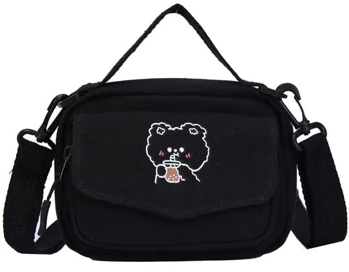 Fairycore Bear Print Crossbody Bag for Women Cutecore Lightweight Canvas Shoulder Bag Y2K Causal Travel Handbag