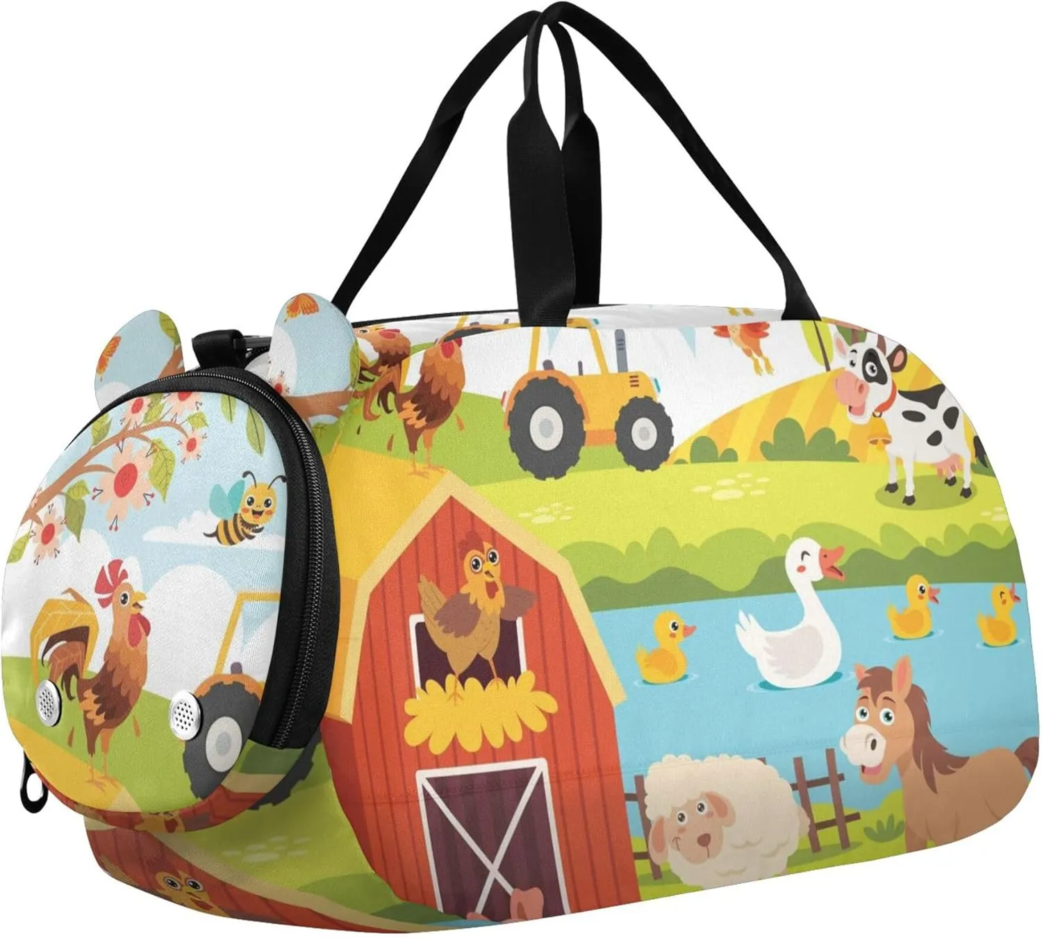 Farm Animals Cartoon Pig Horse Cow Sheep Sports Duffle Bag for Girls Boys, Gym Bag with Shoe Compartment, Kids Travel Overnight Weekender Shoulder Bag