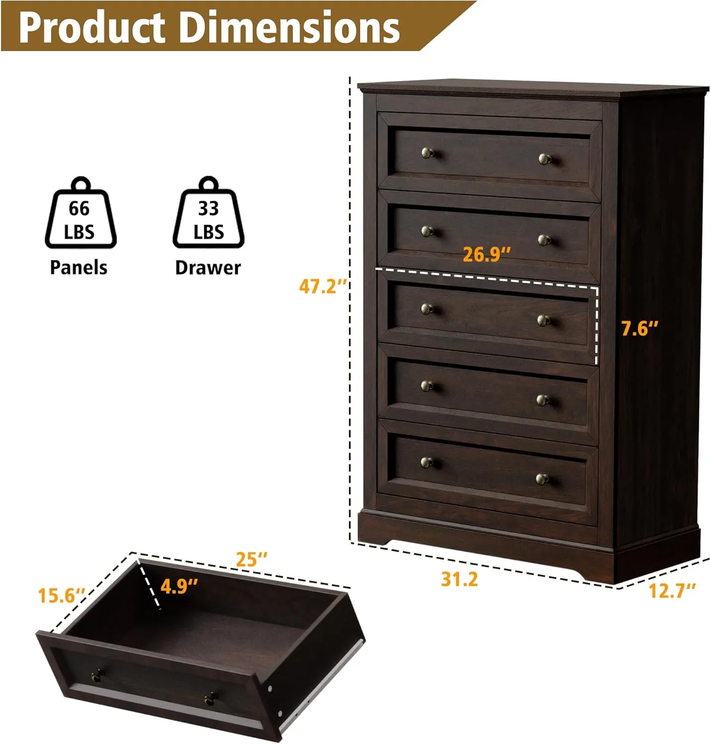Farmhouse Dresser 5 Drawer, Bedroom Chest of Drawers, Dressers with 5 Drawers, Wooden Dressers for Bedroom, Living Room, Tv Stand, Entryway (Brown-5 Drawers)