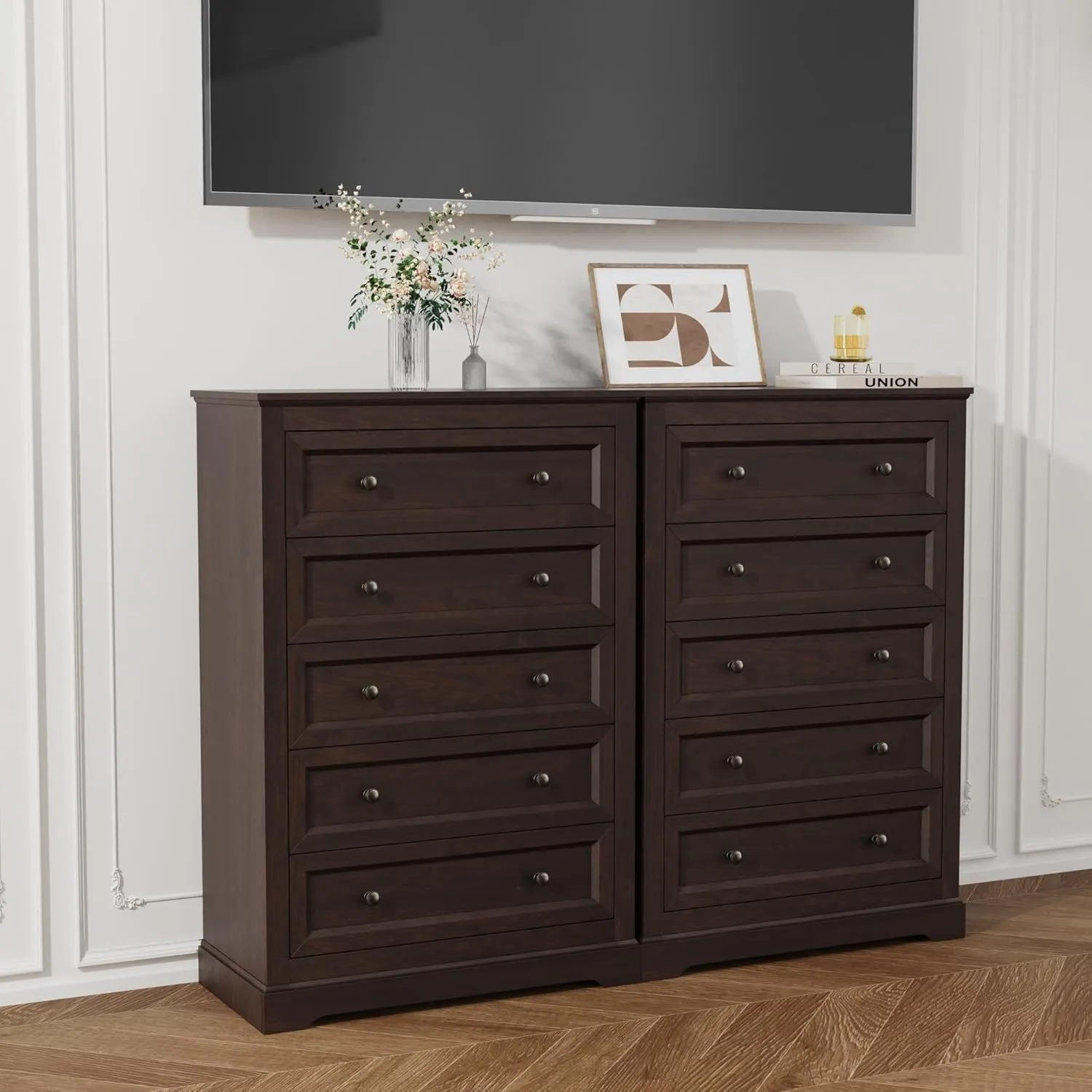 Farmhouse Dresser 5 Drawer, Bedroom Chest of Drawers, Dressers with 5 Drawers, Wooden Dressers for Bedroom, Living Room, Tv Stand, Entryway (Brown-5 Drawers)