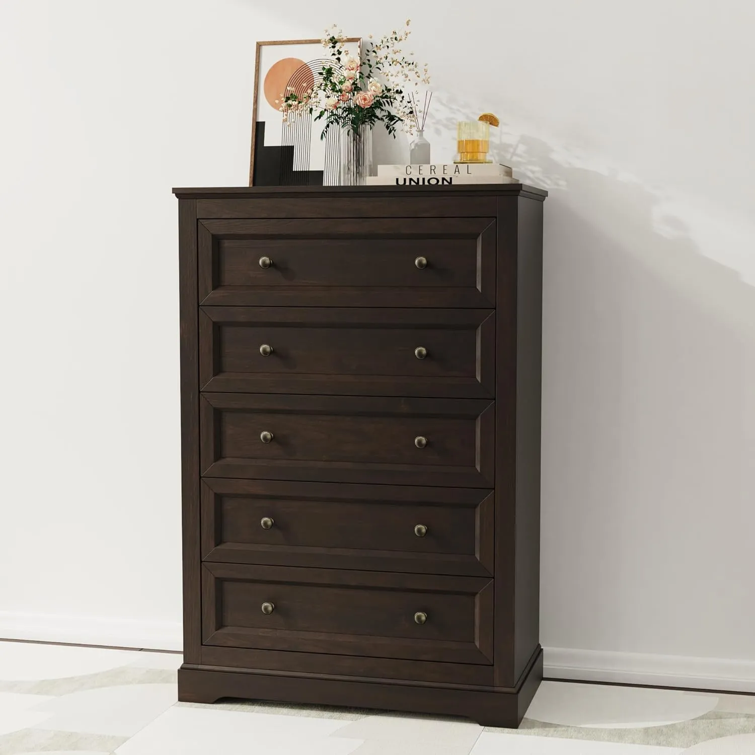 Farmhouse Dresser 5 Drawer, Bedroom Chest of Drawers, Dressers with 5 Drawers, Wooden Dressers for Bedroom, Living Room, Tv Stand, Entryway (Brown-5 Drawers)