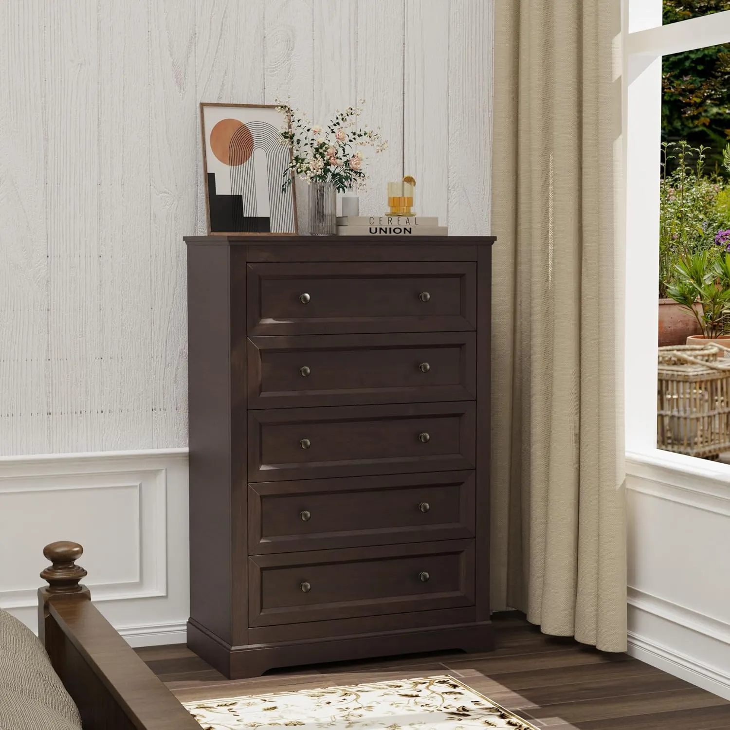 Farmhouse Dresser 5 Drawer, Bedroom Chest of Drawers, Dressers with 5 Drawers, Wooden Dressers for Bedroom, Living Room, Tv Stand, Entryway (Brown-5 Drawers)