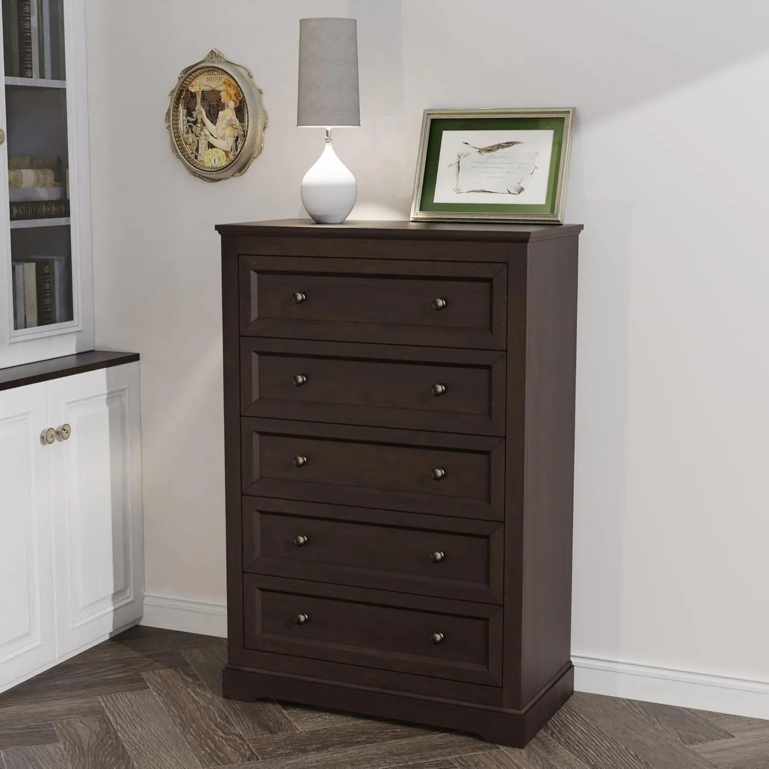 Farmhouse Dresser 5 Drawer, Bedroom Chest of Drawers, Dressers with 5 Drawers, Wooden Dressers for Bedroom, Living Room, Tv Stand, Entryway (Brown-5 Drawers)
