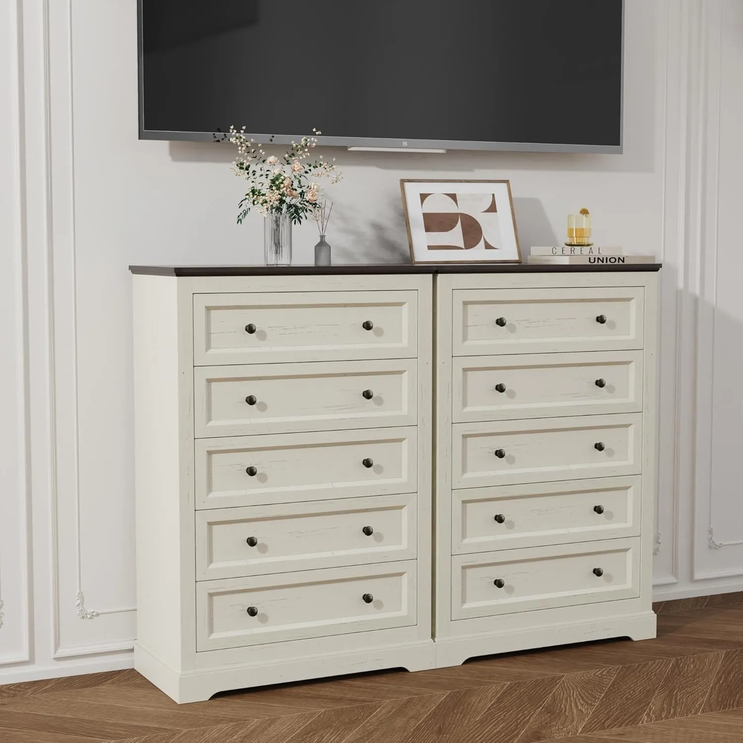 Farmhouse Dresser 5 Drawer, Bedroom Chest of Drawers, Dressers with 5 Drawers, Wooden Dressers for Bedroom, Living Room, Tv Stand, Entryway (Off White-5 Drawers)
