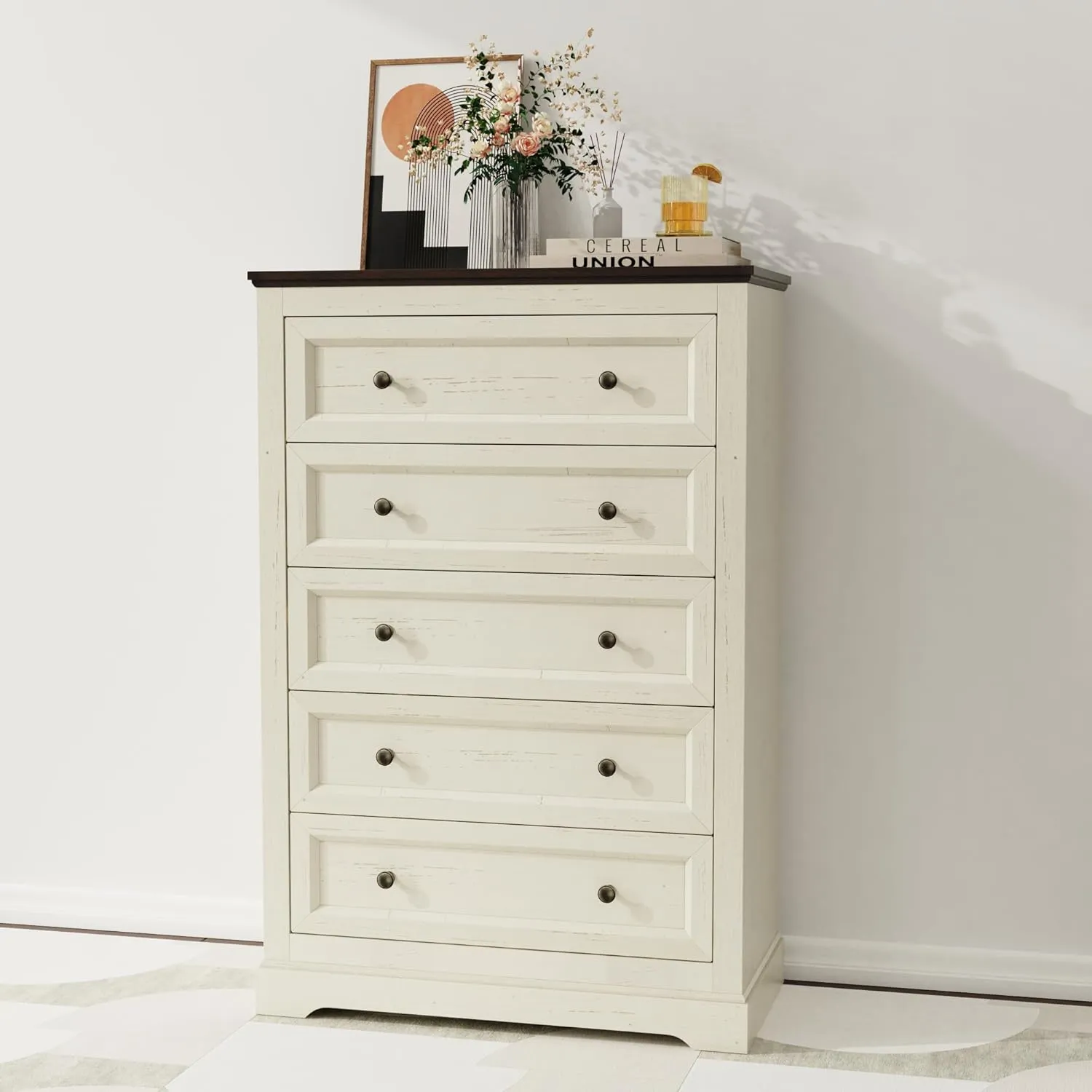 Farmhouse Dresser 5 Drawer, Bedroom Chest of Drawers, Dressers with 5 Drawers, Wooden Dressers for Bedroom, Living Room, Tv Stand, Entryway (Off White-5 Drawers)