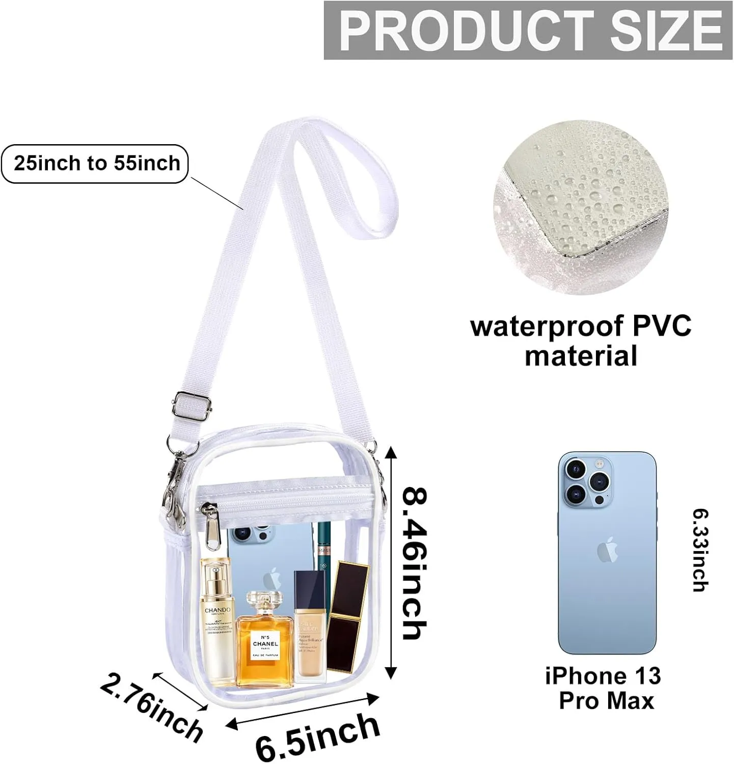 Fibrdoo Clear Crossbody Purse Bag, Clear Bag Stadium Approved with Front Pocket for Concerts Sports Festivals