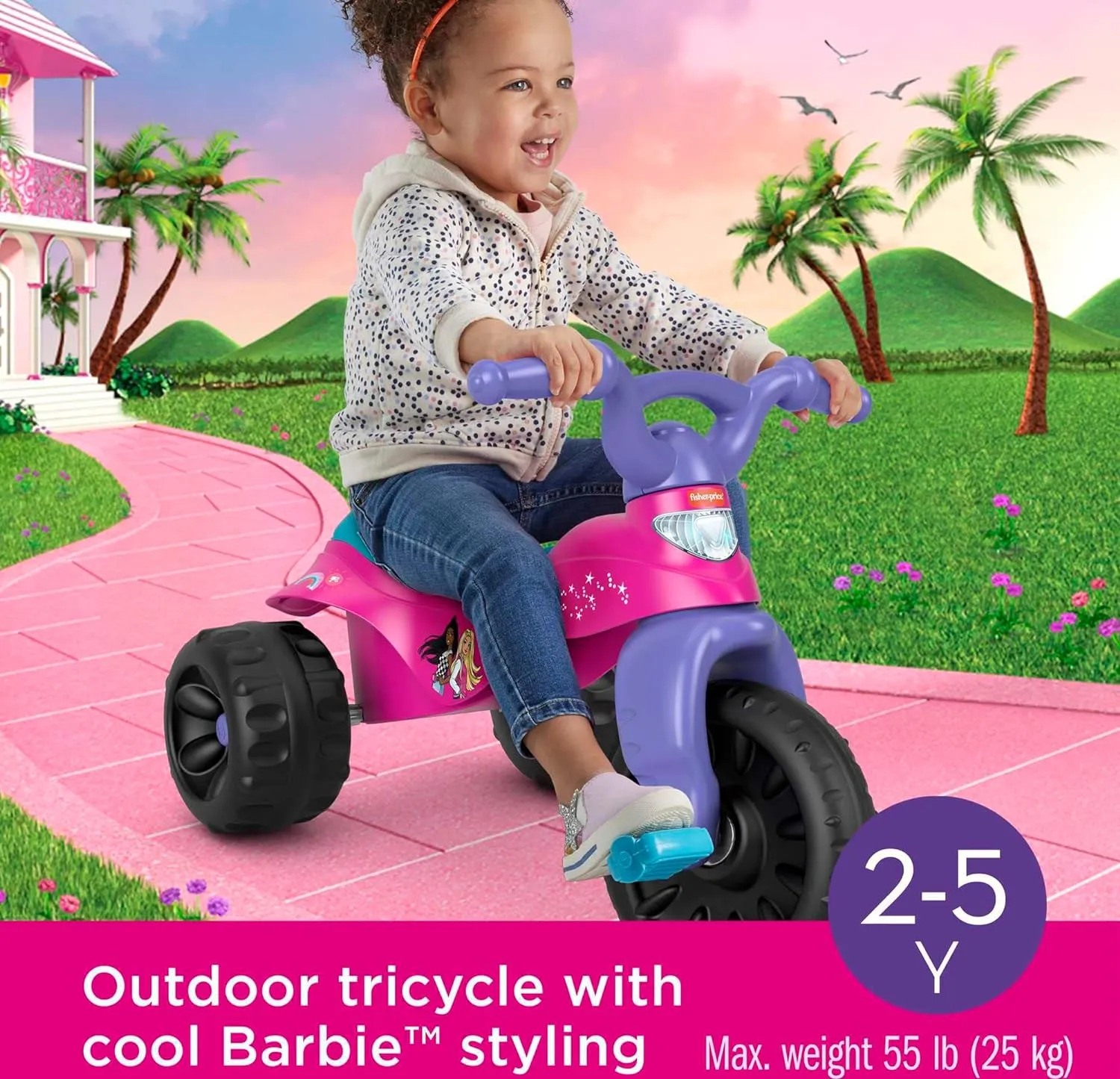Fisher-Price Toddler Tricycle Barbie Tough Trike, Toy Bike with Handlebar Grips & Storage for Outdoor Play Kids Ages 2  Years