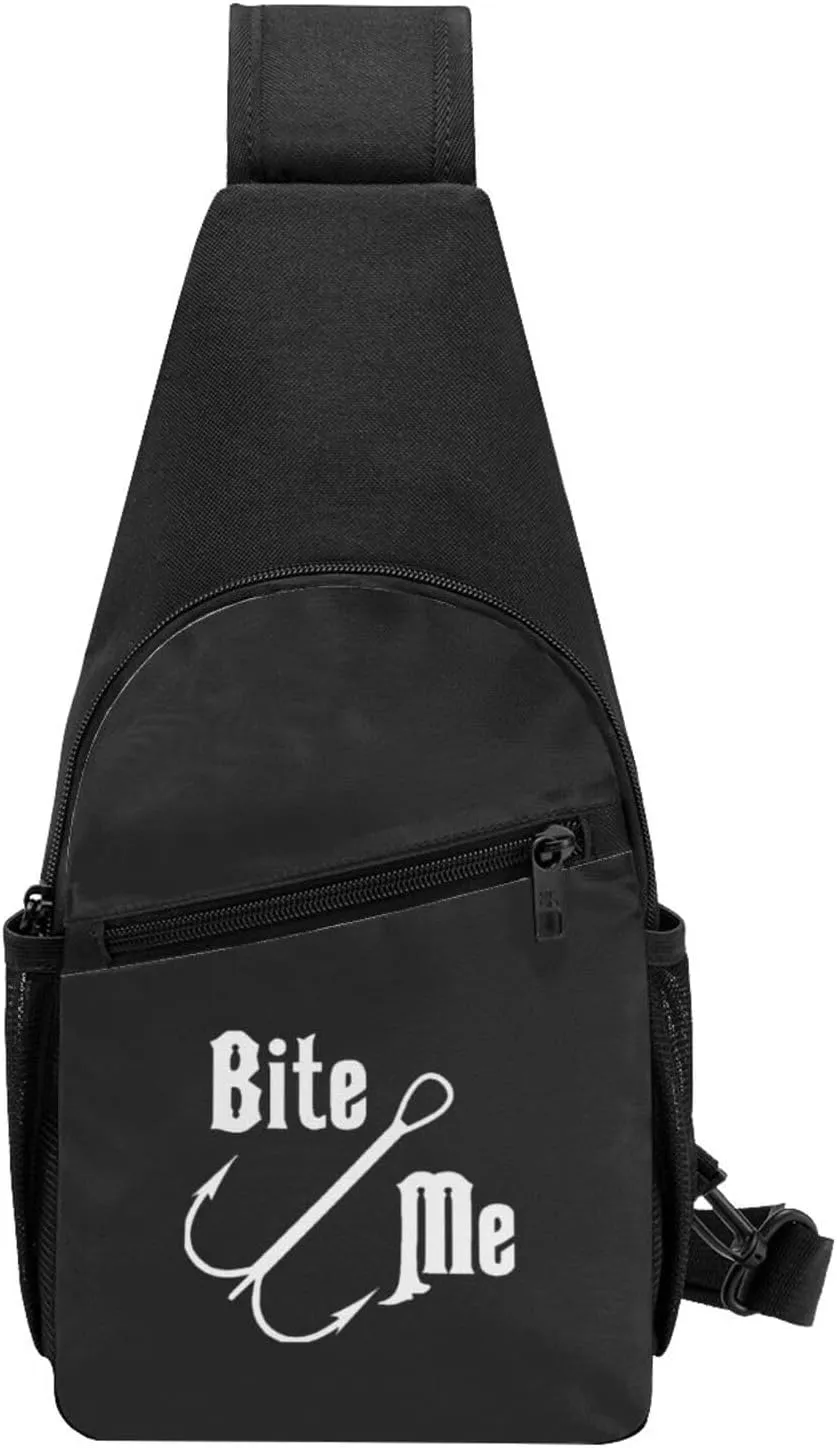 Fisherman'S Fish Hook Bite Me Unisex Chest Bag Lightweight Crossbody Shoulder Bag Travel Pocket Black