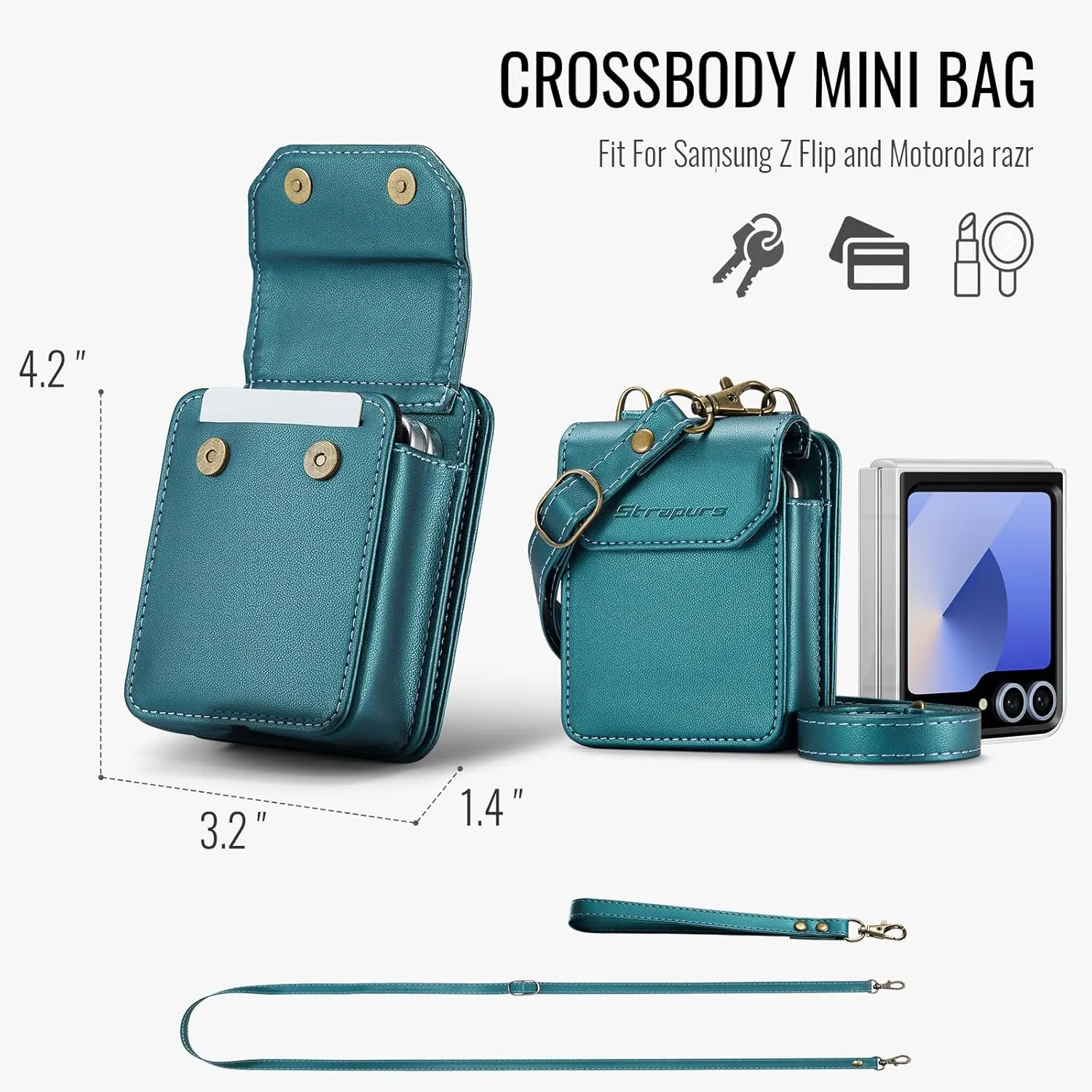 fit for Galaxy Z Flip 6 5 4 3 Case Wallet Crossbody with RFID Blocking Card Holder Magnetic Snap PU Leather Universal Mini Bag Wallet Phone Case for Samsung Galaxy Z Flip 6/5/4/3 5G,BlueGreen