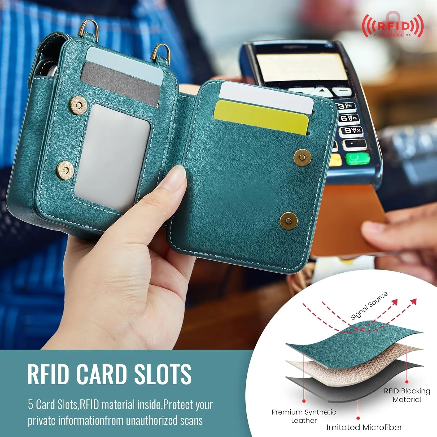 fit for Galaxy Z Flip 6 5 4 3 Case Wallet Crossbody with RFID Blocking Card Holder Magnetic Snap PU Leather Universal Mini Bag Wallet Phone Case for Samsung Galaxy Z Flip 6/5/4/3 5G,BlueGreen