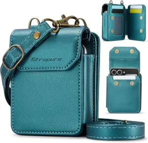 fit for Galaxy Z Flip 6 5 4 3 Case Wallet Crossbody with RFID Blocking Card Holder Magnetic Snap PU Leather Universal Mini Bag Wallet Phone Case for Samsung Galaxy Z Flip 6/5/4/3 5G,BlueGreen