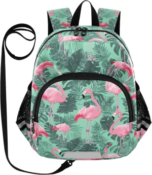 Flamingo Preschool Backpack Green Leaf Daycare Bookbag School Backpack with Traction Rope for Kids 3-6
