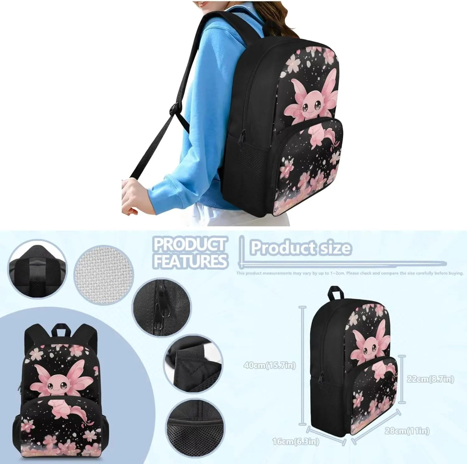 Flashideas Axolotl Floral School Backpack Set for Girls 4Pcs Kids Backpack School Backpack with Lunch Bag Pen Bag and Water Bottle Case Cover Set Portable Lunch Bag Kindergarten Elementary