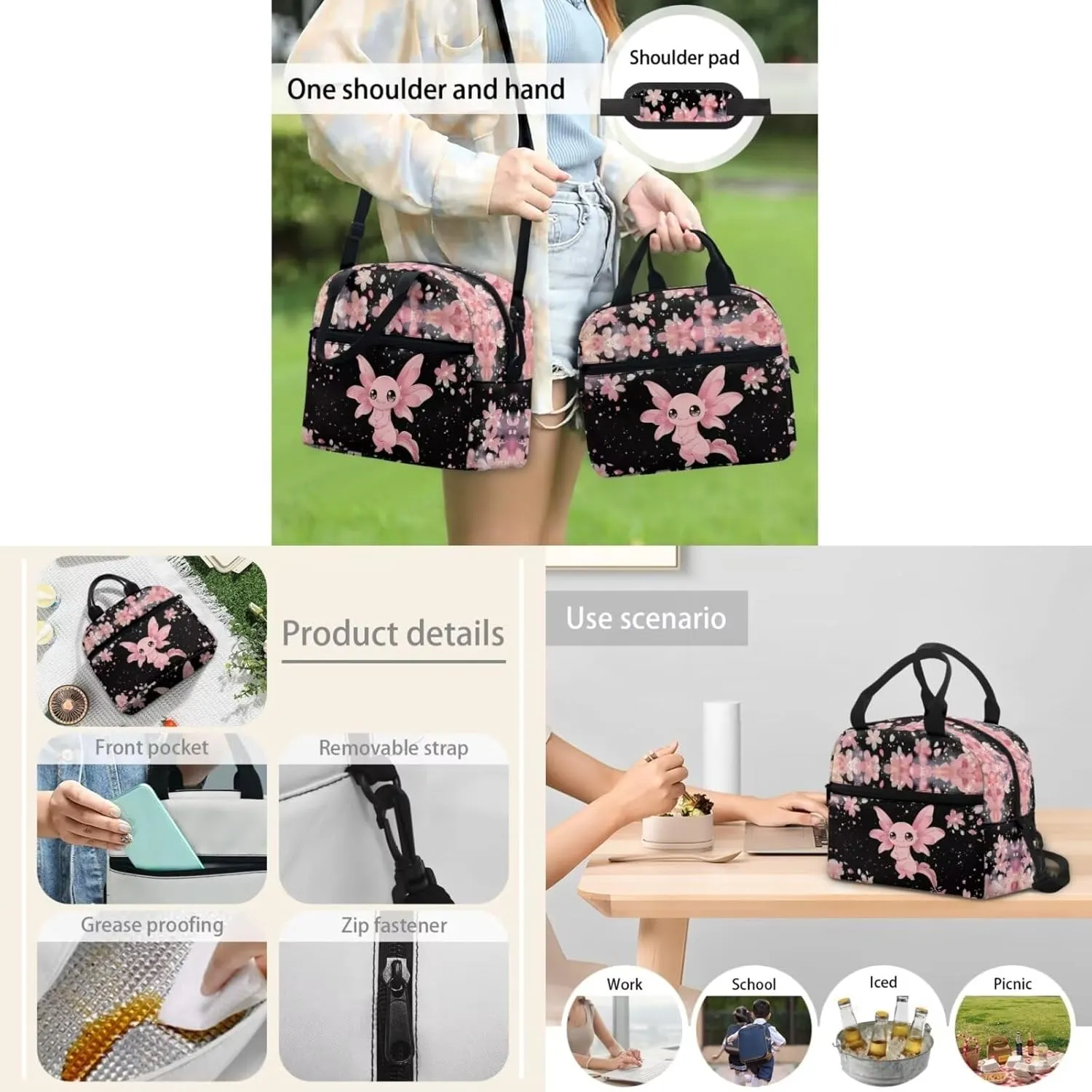 Flashideas Axolotl Floral School Backpack Set for Girls 4Pcs Kids Backpack School Backpack with Lunch Bag Pen Bag and Water Bottle Case Cover Set Portable Lunch Bag Kindergarten Elementary