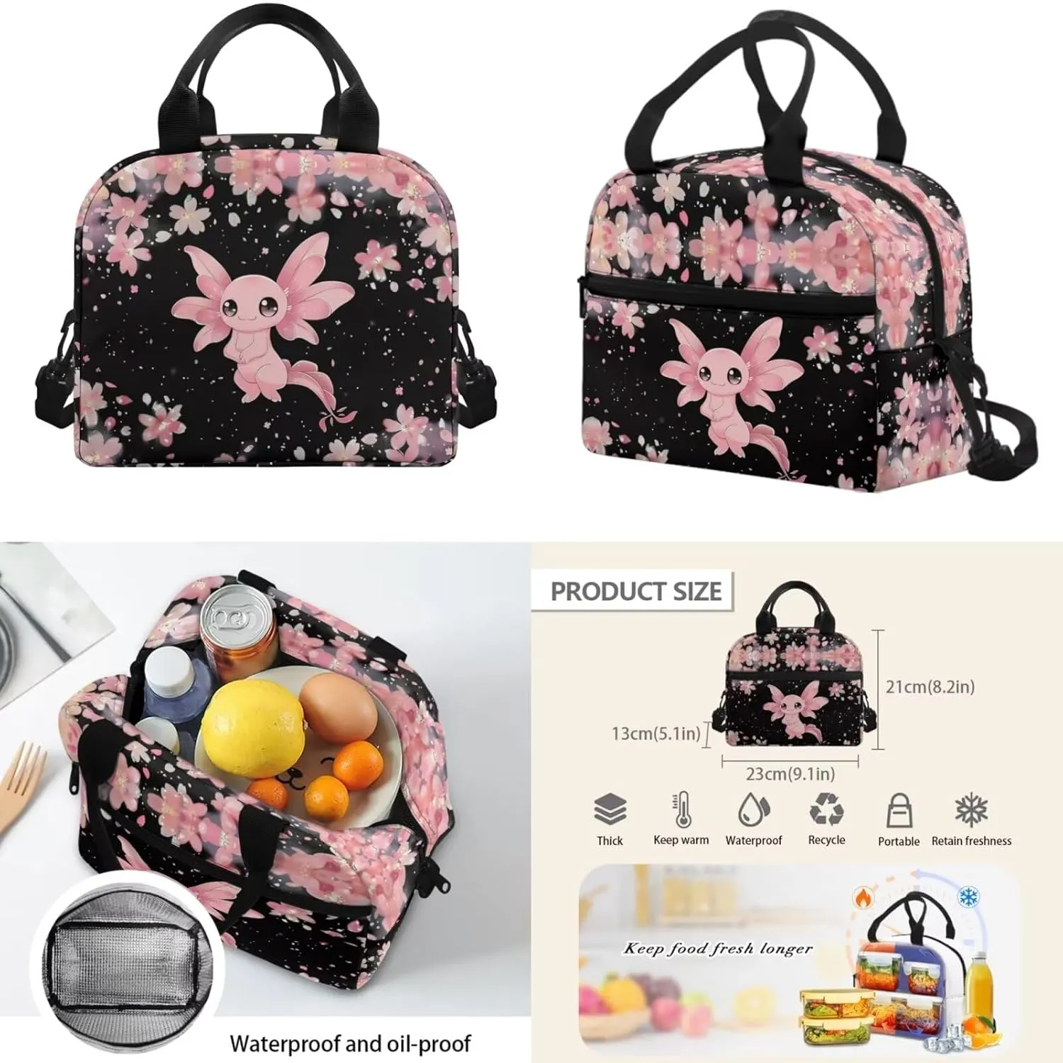 Flashideas Axolotl Floral School Backpack Set for Girls 4Pcs Kids Backpack School Backpack with Lunch Bag Pen Bag and Water Bottle Case Cover Set Portable Lunch Bag Kindergarten Elementary