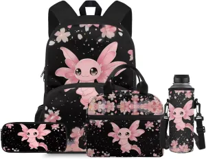 Flashideas Axolotl Floral School Backpack Set for Girls 4Pcs Kids Backpack School Backpack with Lunch Bag Pen Bag and Water Bottle Case Cover Set Portable Lunch Bag Kindergarten Elementary