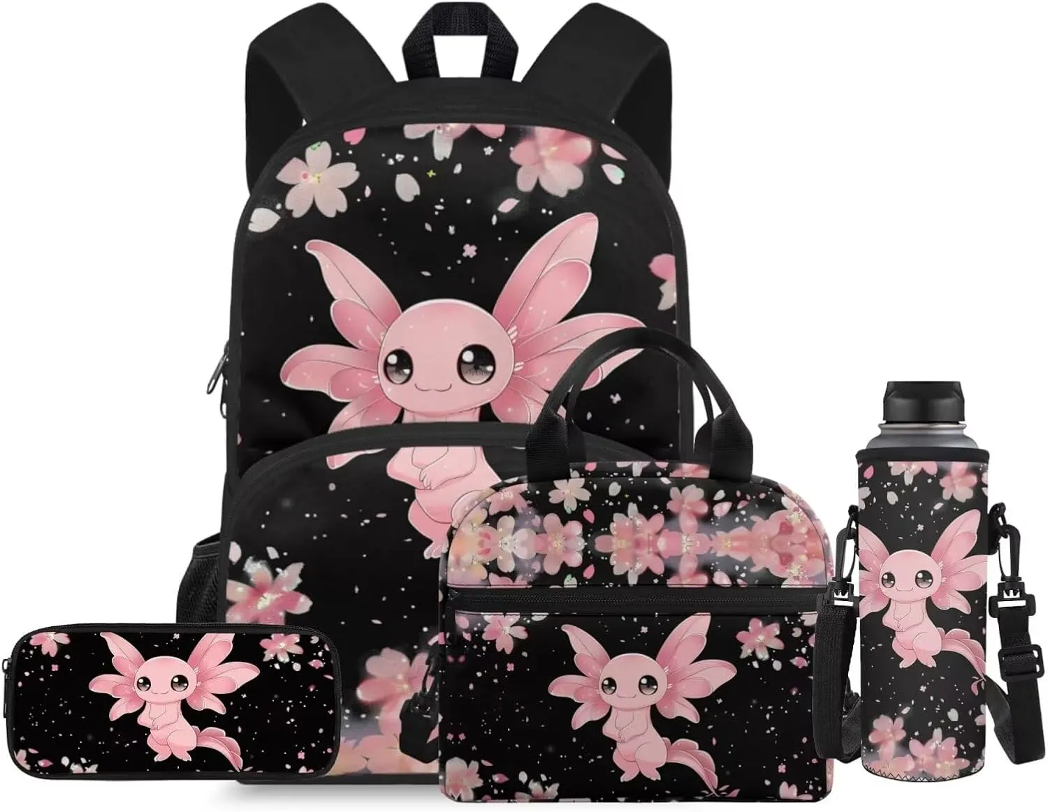 Flashideas Axolotl Floral School Backpack Set for Girls 4Pcs Kids Backpack School Backpack with Lunch Bag Pen Bag and Water Bottle Case Cover Set Portable Lunch Bag Kindergarten Elementary
