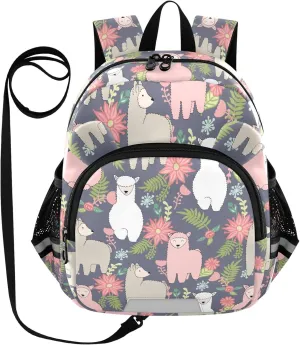 Flower Llama Preschool Backpack Hand Drawn Daycare Bookbag School Backpack with Traction Rope for Kids 3-6