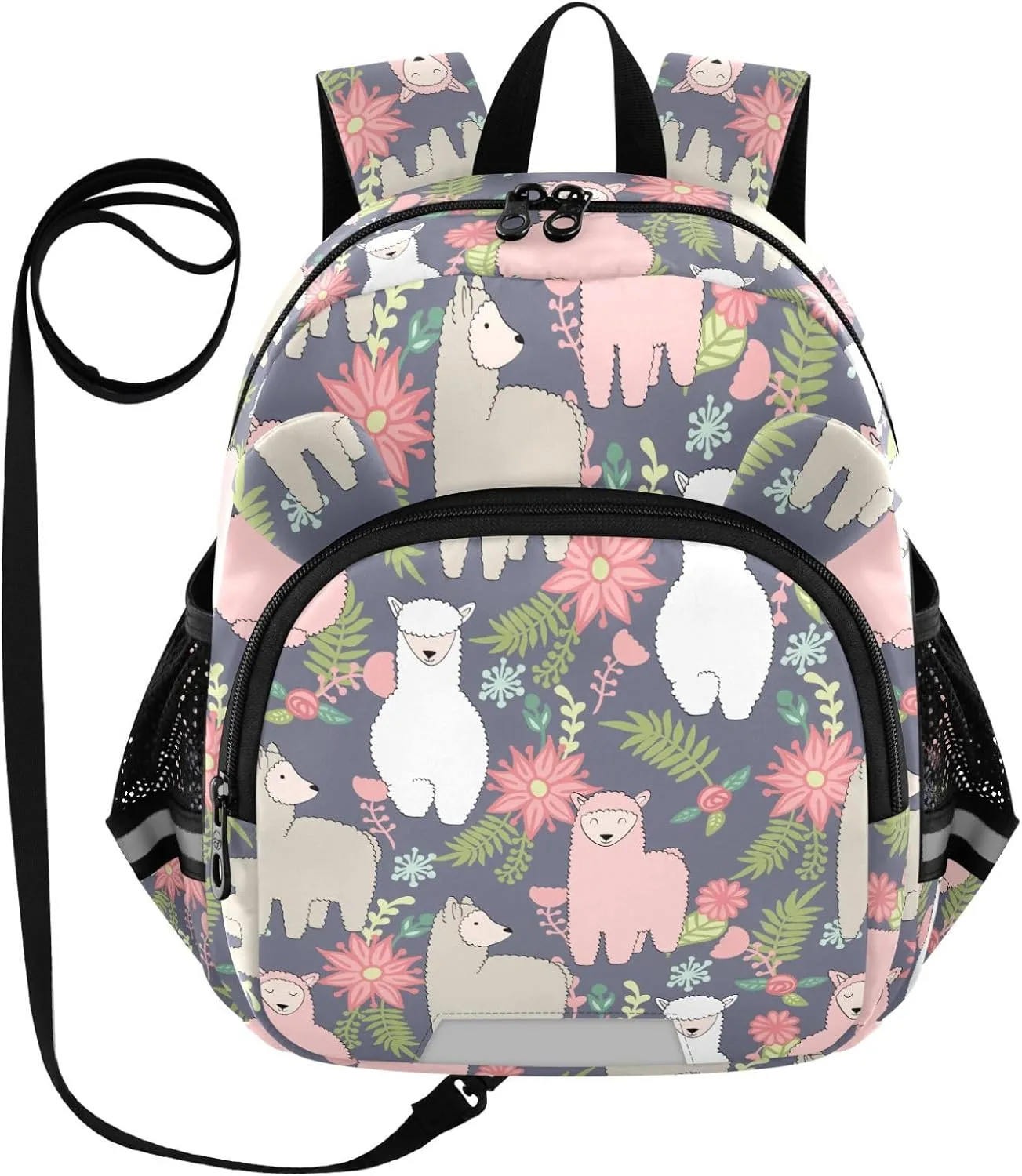 Flower Llama Preschool Backpack Hand Drawn Daycare Bookbag School Backpack with Traction Rope for Kids 3-6