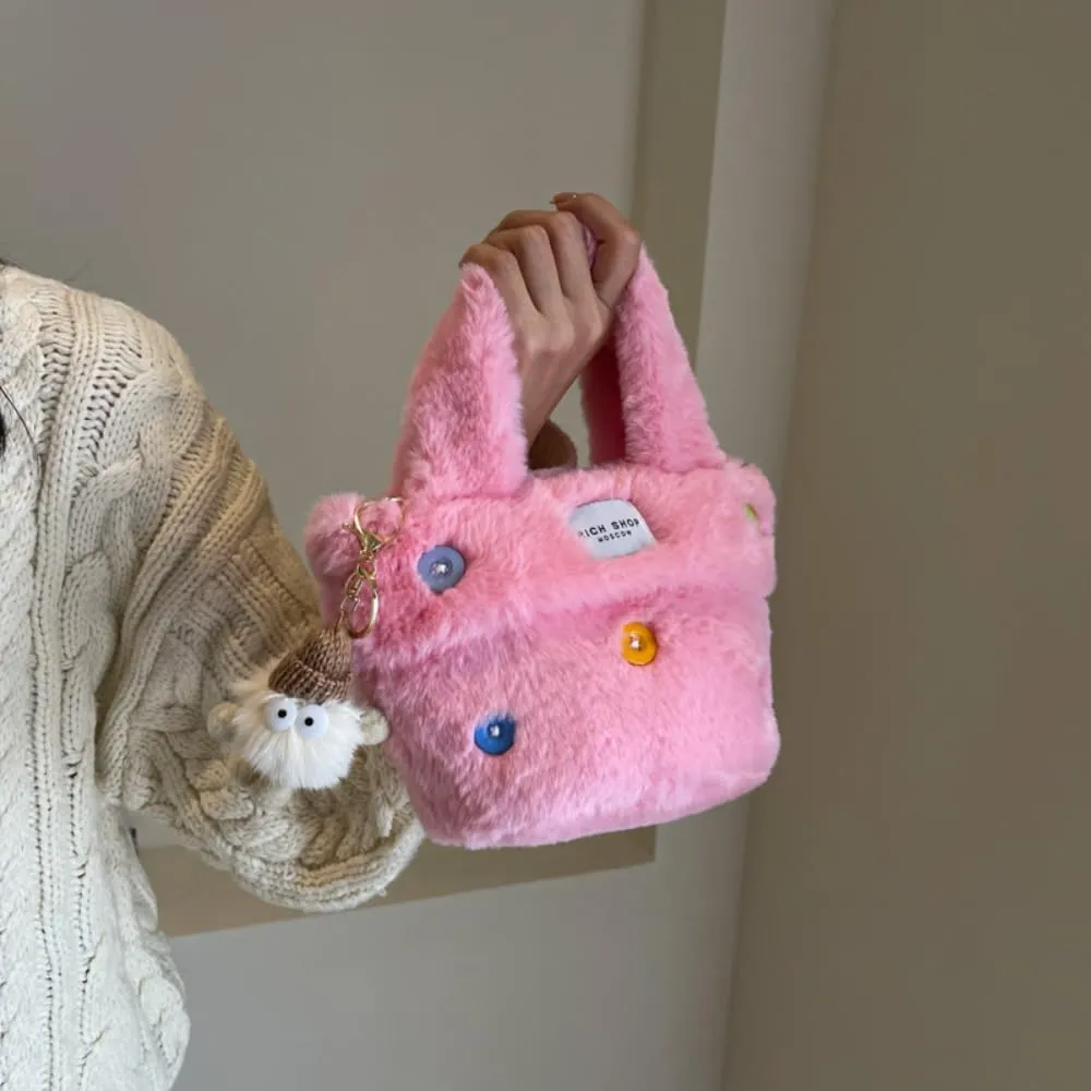 Fluffy Handbag for Women Autumn and Winter Fashion Niche Single Shoulder Crossbody Bag Button Hair Bucket Bag