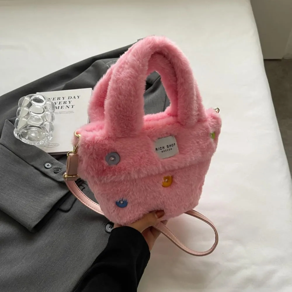 Fluffy Handbag for Women Autumn and Winter Fashion Niche Single Shoulder Crossbody Bag Button Hair Bucket Bag