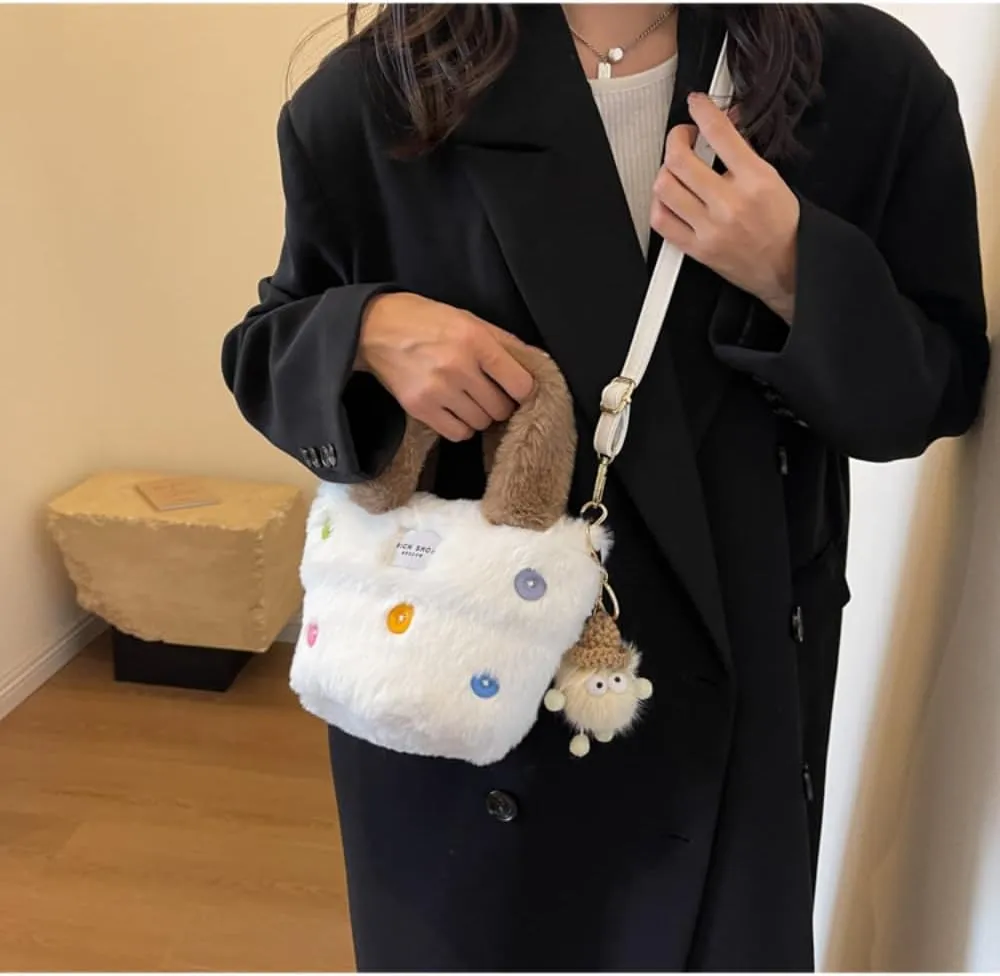 Fluffy Handbag for Women Autumn and Winter Fashion Niche Single Shoulder Crossbody Bag Button Hair Bucket Bag