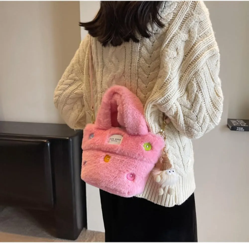 Fluffy Handbag for Women Autumn and Winter Fashion Niche Single Shoulder Crossbody Bag Button Hair Bucket Bag