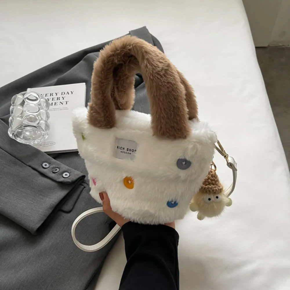 Fluffy Handbag for Women Autumn and Winter Fashion Niche Single Shoulder Crossbody Bag Button Hair Bucket Bag