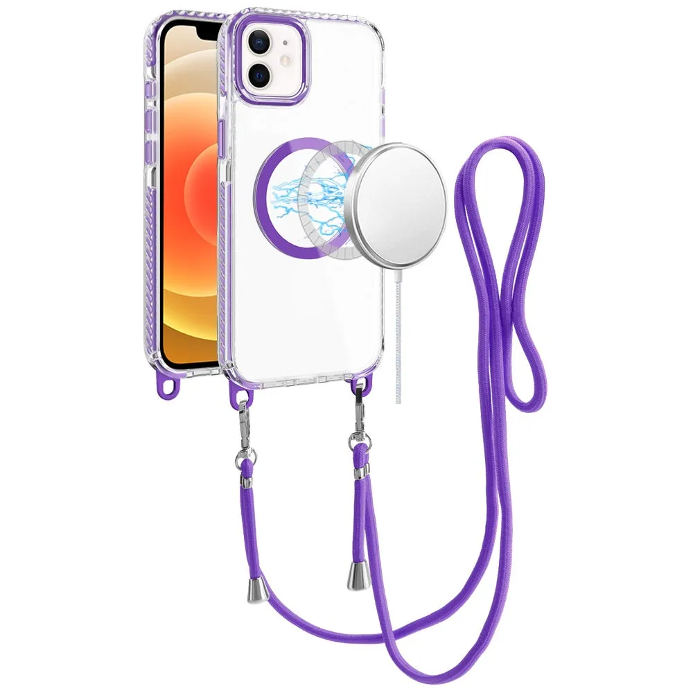 For Apple iPhone 15 Clear Magnetic Frame PC Back Shockproof Protective Case with Detachable Lanyard Strap, Compatible with MagSafe Case Cover